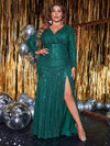 Plus Overlap Collar Slit Thigh Sequin Prom Dress-FMG220