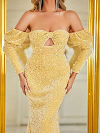 Off Shoulder Cut Out Mermaid Hem Sequin Formal Dress-MG392