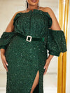 Plus Off Shoulder Split Thigh Belted Sequin Formal Dress-FMGT146