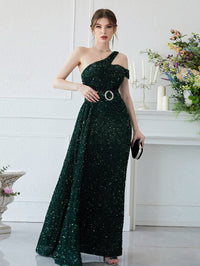 Yisikado One Shoulder Draped Detail Sequin Party Dress With Belt-A633