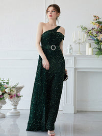 Yisikado One Shoulder Draped Detail Sequin Party Dress With Belt-A633