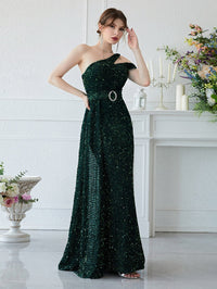 Yisikado One Shoulder Draped Detail Sequin Party Dress With Belt-A633