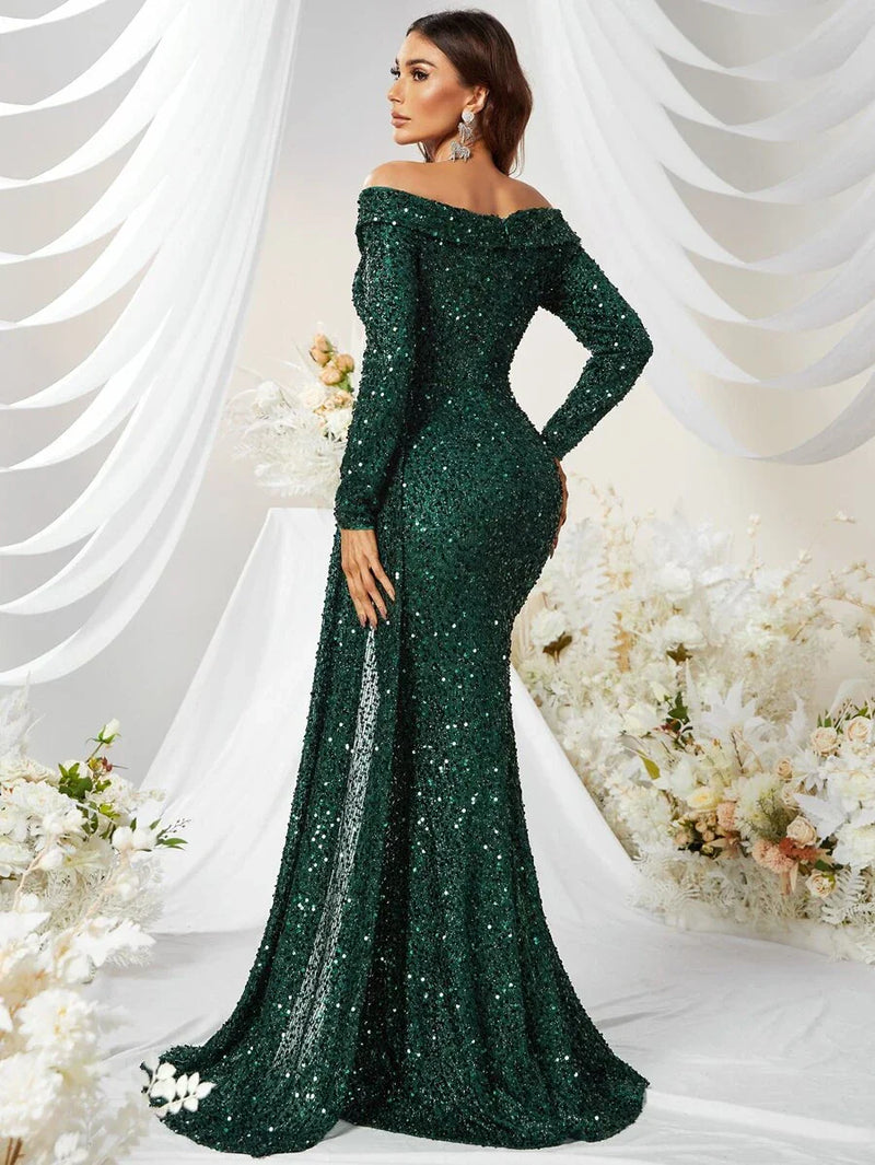 Off Shoulder Draped Sequin Formal Dress-MGW480