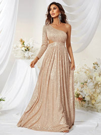 One Shoulder Cut Out Waist Sequins Maxi Dress-MGW278