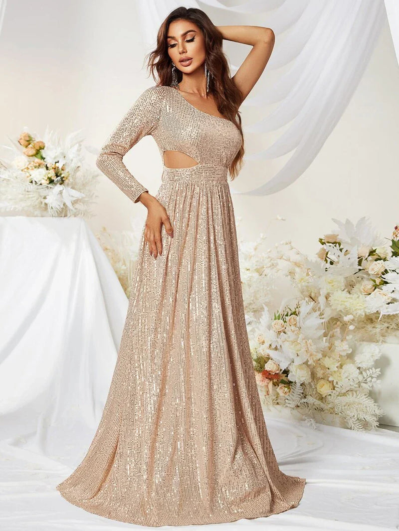 One Shoulder Cut Out Waist Sequins Maxi Dress-MGW278