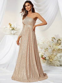 One Shoulder Cut Out Waist Sequins Maxi Dress-MGW278