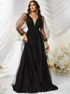 Contrast Mesh Lantern Sleeve Prom Dress-SSW3038