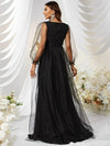 Contrast Mesh Lantern Sleeve Prom Dress-SSW3038