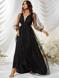 Contrast Mesh Lantern Sleeve Prom Dress-SSW3038