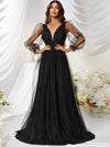 Contrast Mesh Lantern Sleeve Prom Dress-SSW3038