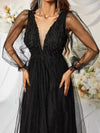 Contrast Mesh Lantern Sleeve Prom Dress-SSW3038