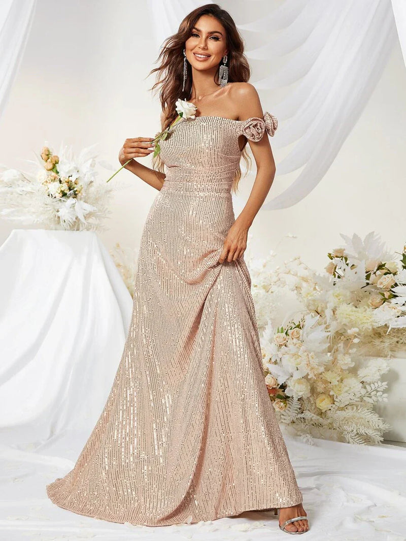 Off Shoulder Ruffle Trim Sequin Prom Dress-MGT453