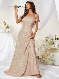 Off Shoulder Ruffle Trim Sequin Prom Dress-MGT453