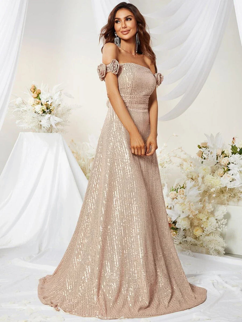 Off Shoulder Ruffle Trim Sequin Prom Dress-MGT453