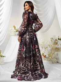 Mixed Print Lantern Sleeve Chiffon Maxi Dress-MGN464