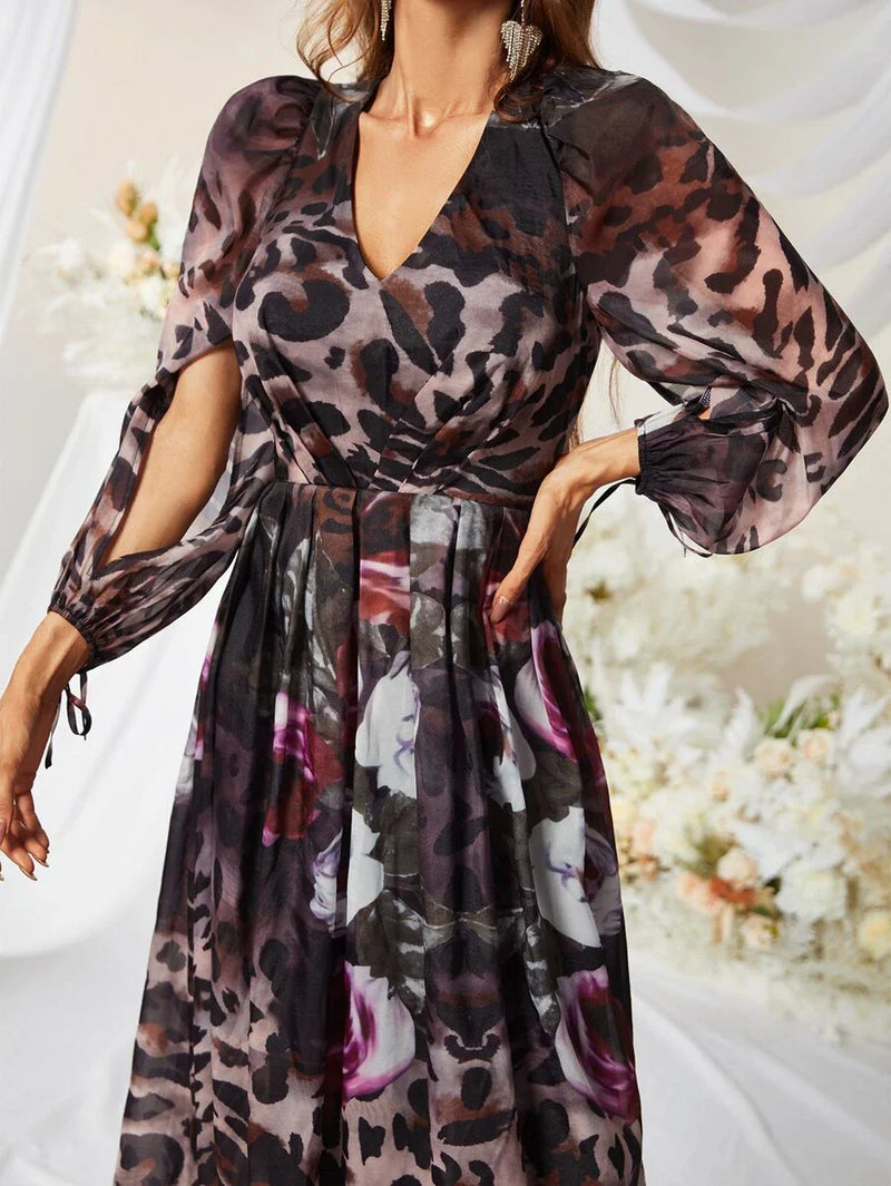 Mixed Print Lantern Sleeve Chiffon Maxi Dress-MGN464