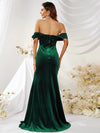 Off Shoulder Ruffle Trim Floor Length Velvet Prom Dress-MGW359