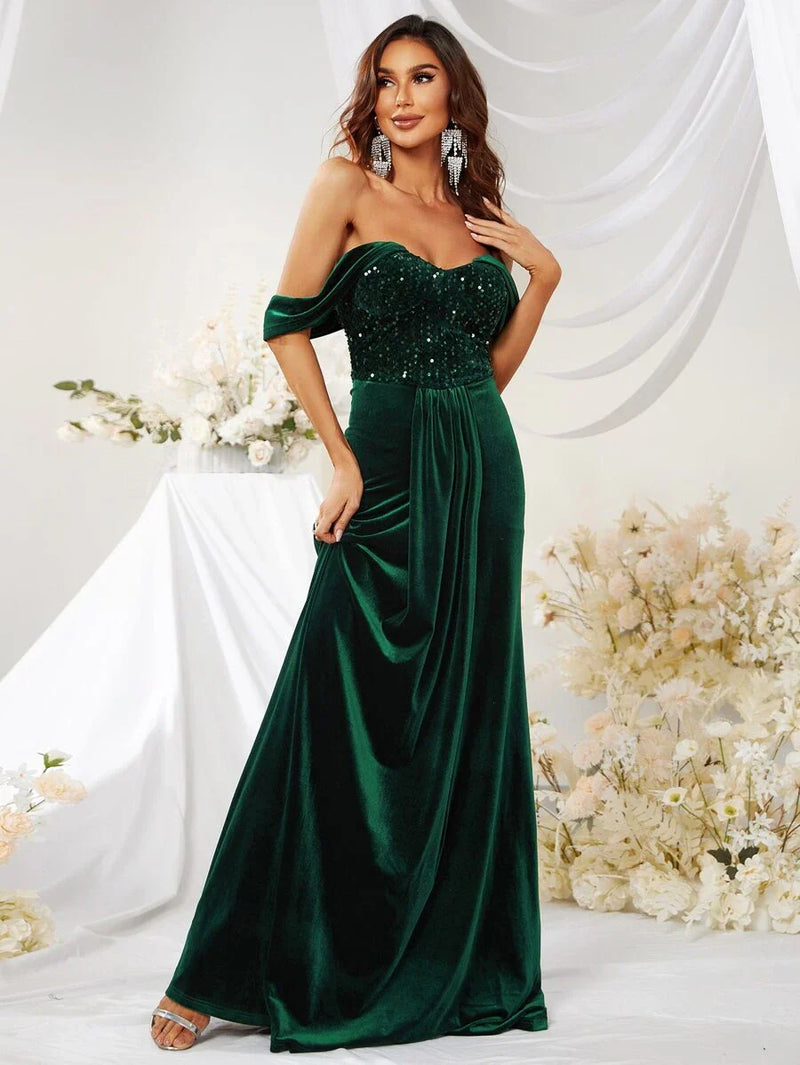 Off Shoulder Ruffle Trim Floor Length Velvet Prom Dress-MGW359