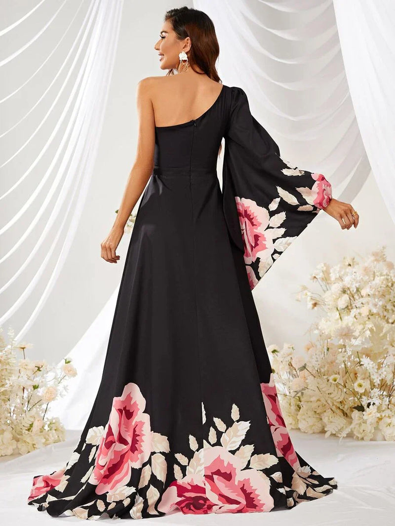 Floral Print One Shoulder Flounce Sleeve Split Thigh Chiffon Dress-SSY262