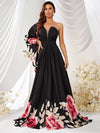 Floral Print One Shoulder Flounce Sleeve Split Thigh Chiffon Dress-SSY262