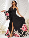 Floral Print One Shoulder Flounce Sleeve Split Thigh Chiffon Dress-SSY262