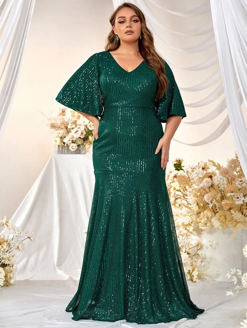 Plus Flounce Sleeve Sequin Formal Dress-FMGX553