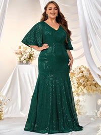 Plus Flounce Sleeve Sequin Formal Dress-FMGX553