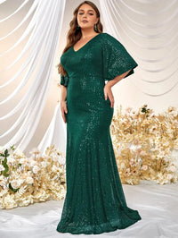 Plus Flounce Sleeve Sequin Formal Dress-FMGX553