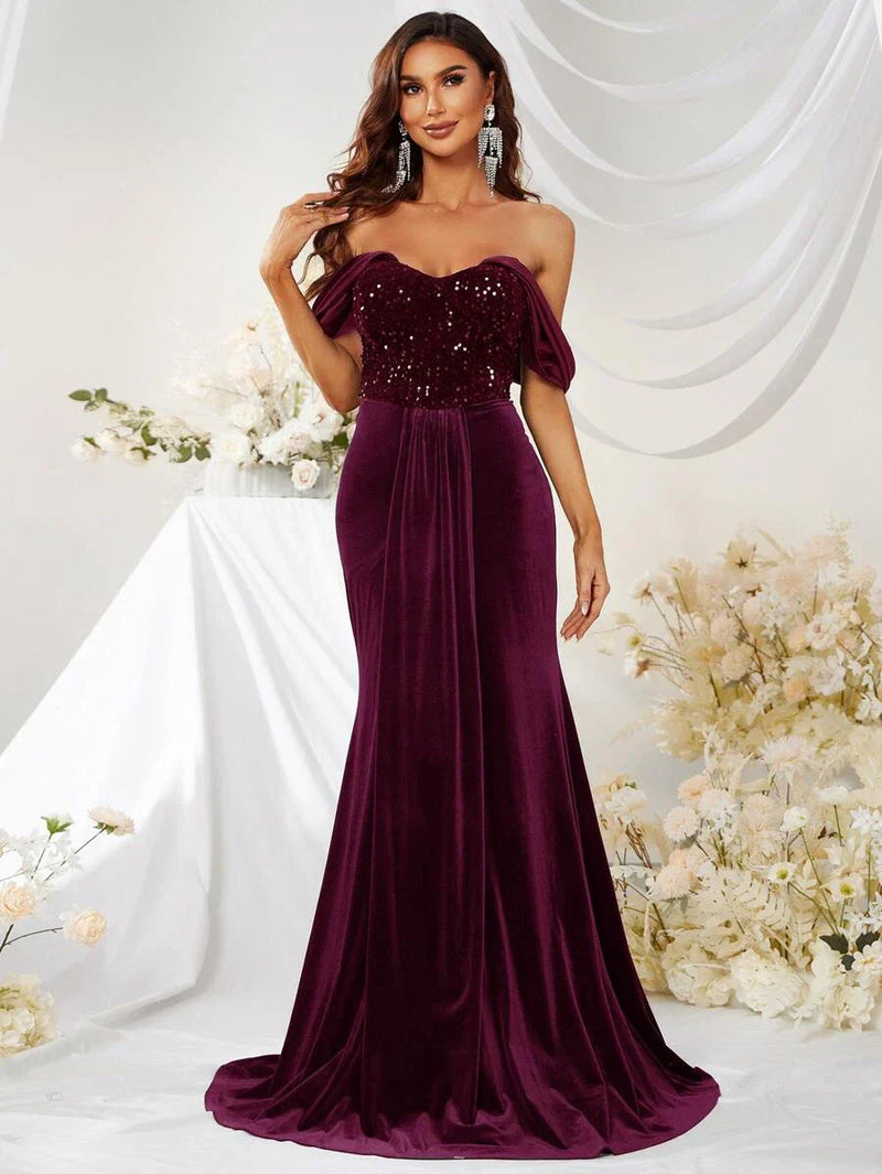 Off Shoulder Contrast Sequin Floor Length Formal Dress-MGW359-1