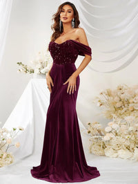 Off Shoulder Contrast Sequin Floor Length Formal Dress-MGW359-1