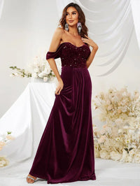 Off Shoulder Contrast Sequin Floor Length Formal Dress-MGW359-1