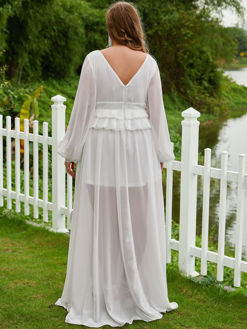 Plus Plunging Neck Ruffle Trim Lantern Sleeve Chiffon Formal Dress-FSST2069-1