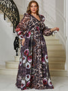 Yisikado Plus Leopard & Floral Print Lantern Sleeve Chiffon Dress-FMGN464