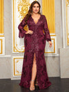 Yisikado Plus Plunging Neck Flounce Sleeve Split Thigh Sequin Prom Dress-FMGN518-3