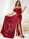 Off Shoulder Zip Back Satin Formal Dress-MGW325