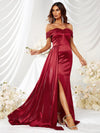 Off Shoulder Zip Back Satin Formal Dress-MGW325