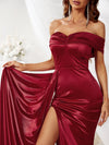 Off Shoulder Zip Back Satin Formal Dress-MGW325