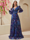 Yisikado Allover Print Deep V Neck Lantern Sleeve Mesh Insert Maxi Dress-SSL6140