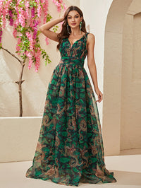 Yisikado Tropical & Chinese Dragon Print Maxi Dress-SS342