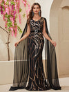 Contrast Mesh Cloak Sleeve Sequin Formal Dress-MGN646