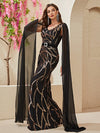 Contrast Mesh Cloak Sleeve Sequin Formal Dress-MGN646