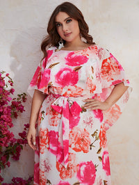 Plus Floral Print Belted Dress-FMGN562