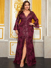 Yisikado Plus Plunging Neck Flounce Sleeve Split Thigh Sequin Prom Dress-FMGN518-3