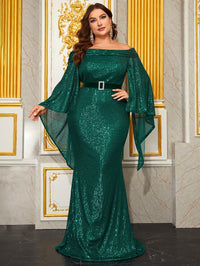 Yisikado Plus Off Shoulder Cloak Sleeve Belted Sequin Formal Dress-FMG1035