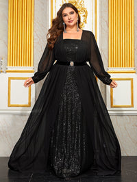 Yisikado Plus Square Neck Lantern Sleeve Belted Sequin Formal Dress-FMGT1028