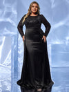 Giffniseti Women Plus Size Sparkly Long Sleeve Round Neck Sexy Black Evening Dress For Dance Party-FSSN5205