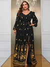 Yisikado Plus Floral Print Lantern Sleeve Split Thigh Belted Dress-FMG796