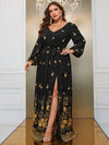 Yisikado Plus Floral Print Lantern Sleeve Split Thigh Belted Dress-FMG796