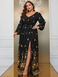 Yisikado Plus Floral Print Lantern Sleeve Split Thigh Belted Dress-FMG796