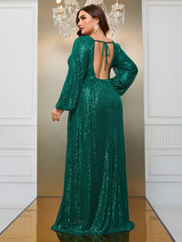 Yisikado Plus Lantern Sleeve Sequin Formal Dress-FMG690